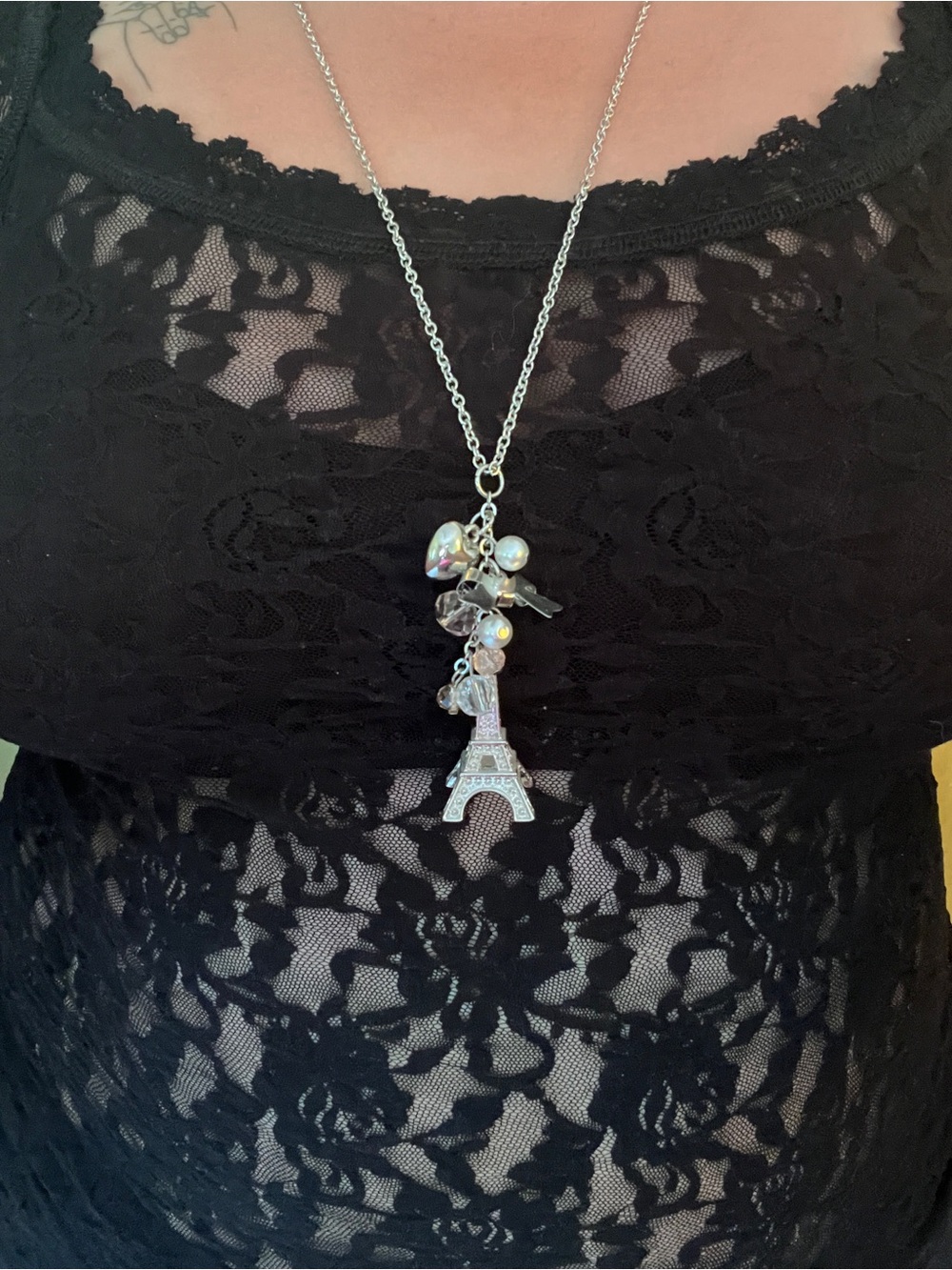 Mudd Silver Tone Paris Charm Necklace with Iridescent Beads